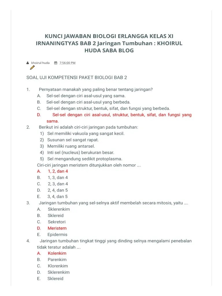 Download pembahasan buku pr intan pariwara biologi kelas 11 semester 1 tahun 2020/2021 pdf jaringan hewan, sistem gerak manusia, peredaran darah pencernaan. Kunci Jawaban Biologi Erlangga Kelas Xi Irnaningtyas Bab 2 Jaringan Tumbuhan Khoirul Huda Saba Blog Khoirul Huda Saba Blog Pdf