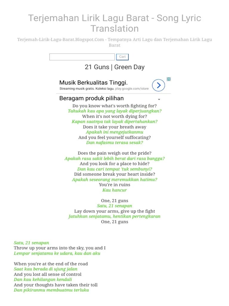 21 Guns - Green Day - Terjemahan Lirik Lagu Barat - Song Lyric Translation  | PDF