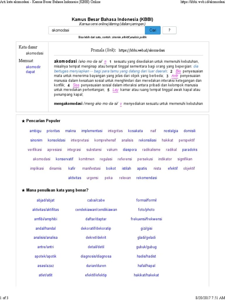 Arti Kata Akomodasi - Kamus Besar Bahasa Indonesia (KBBI) Online H | PDF