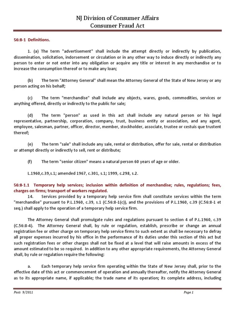 New Jersey Consumer Fraud Act | PDF | Service Of Process | Retail