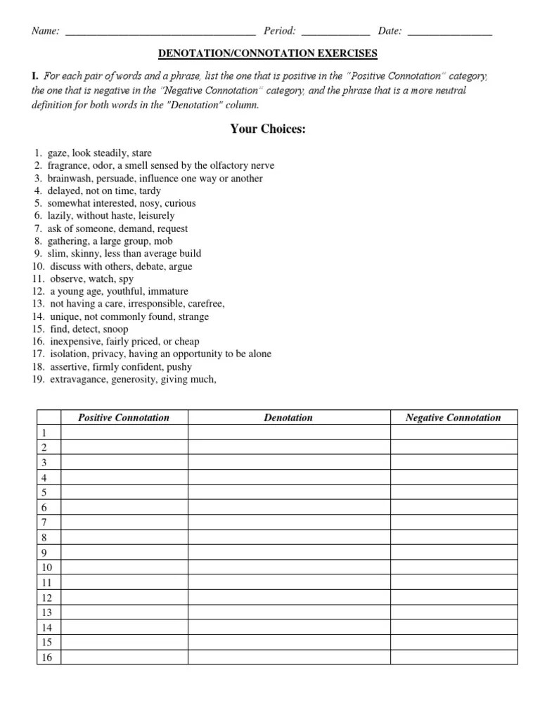 These associations are emotional and often not literal. Connotation Denotation Worksheet Pdf Odor Cognitive Science