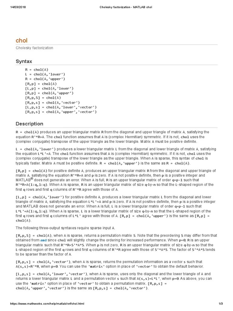 Cholesky Factorization - MATLAB Chol | PDF | Matrix (Mathematics) | Numerical Analysis