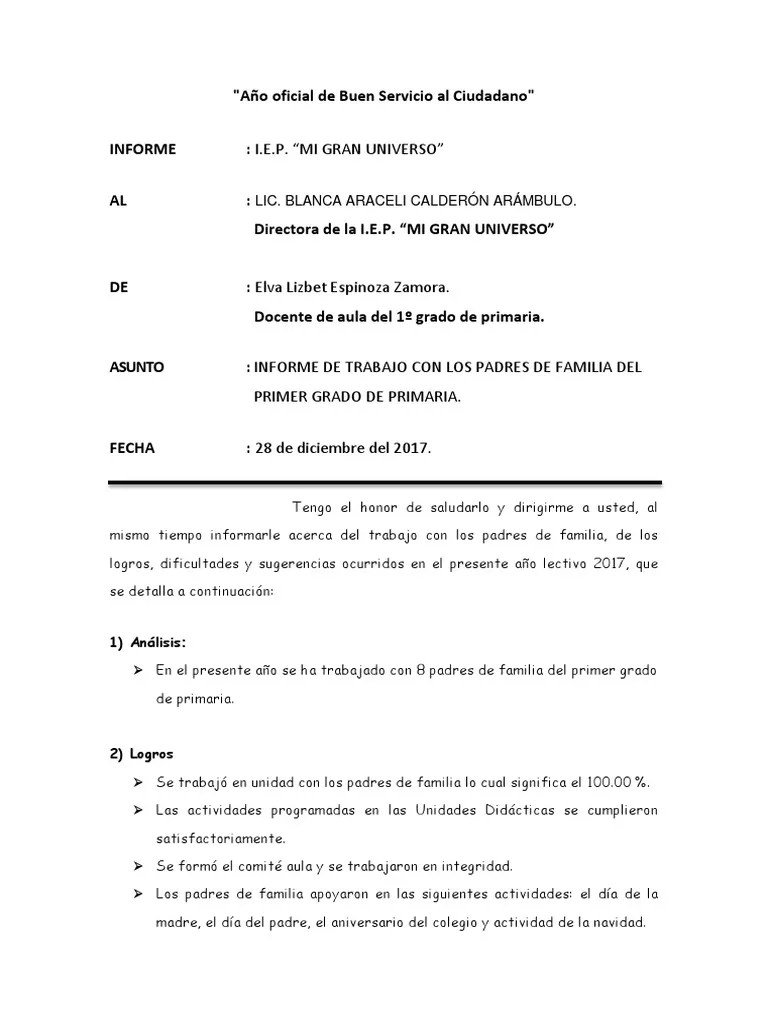 Informe De Trabajo Con Los Padres De Familia | PDF | Cambio ...