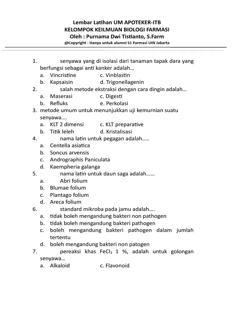 Untuk mahasiswa farmasi s1, mahasiswa diharapkan dapat menjelaskan materi biologi sel. Contoh Soal Biologi Farmasi Soal Kelasmu