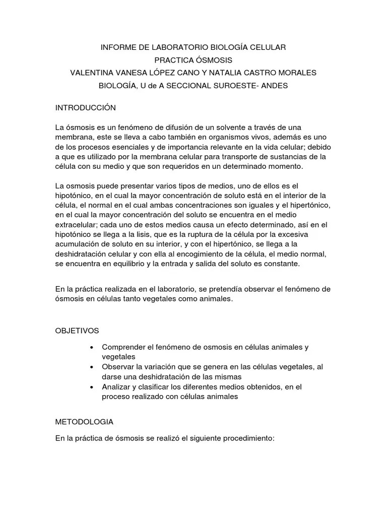 Informe De Laboratorio Osmosis | PDF | Ósmosis | Biología Celular)