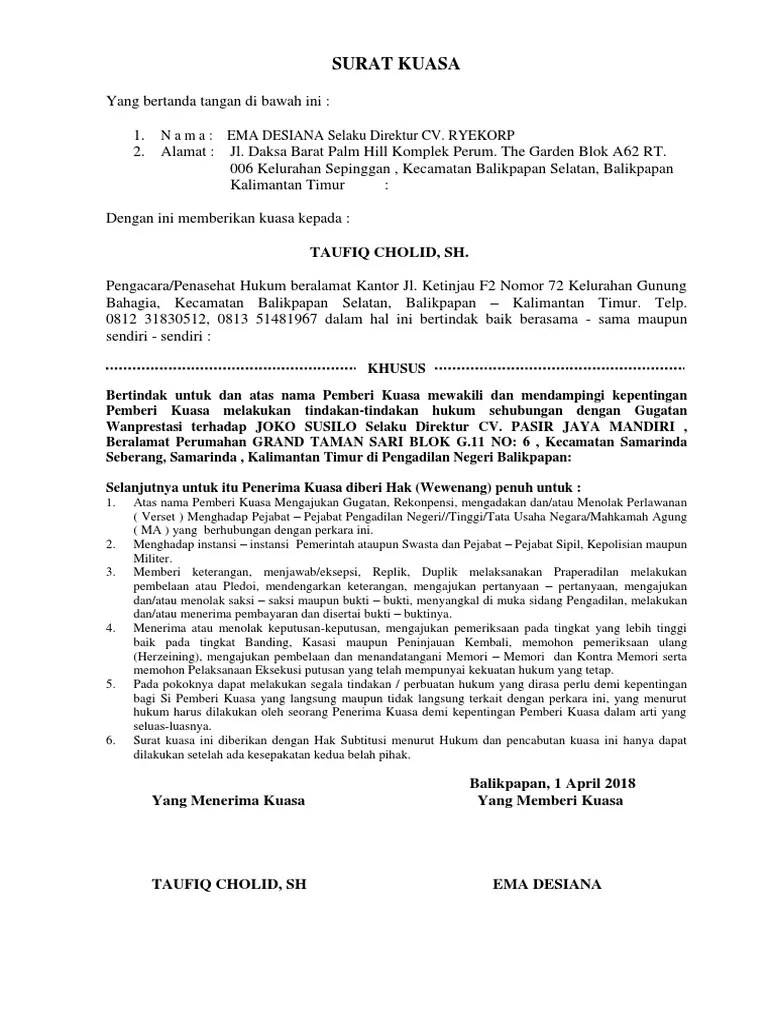 Surat Kuasa Dan Gugatan Wanprestasi - Doc Contoh Surat Gugatan Wan Prestasi Jumaidi Men Academia Edu : Dalam hal ini bertindak kuasa hukum untuk dan atas nama kepentingan hukum klien kami :