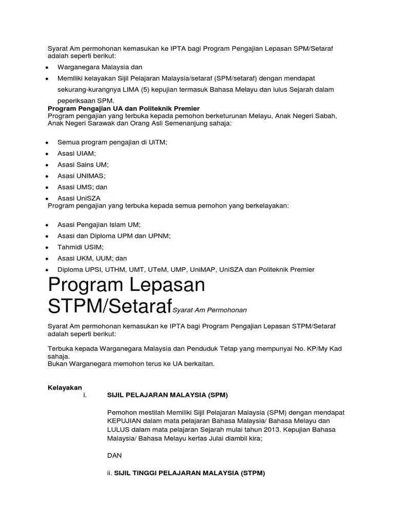 Syarat kemasukan ke uiam 2021. Syarat Am Permohonan Kemasukan Ke Ipta Bagi Program Pengajian Lepasan Spm Pdf