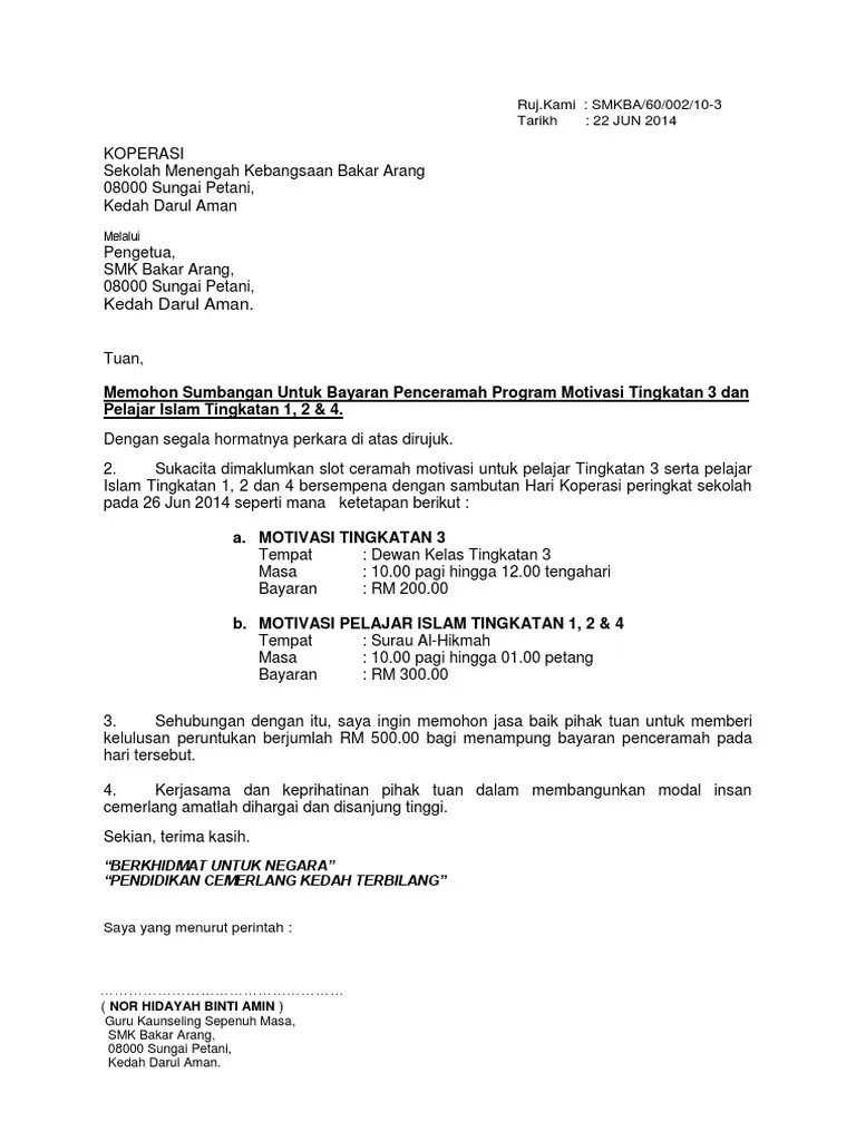 Contoh Surat Rasmi Permohonan Bantuan Makanan 
