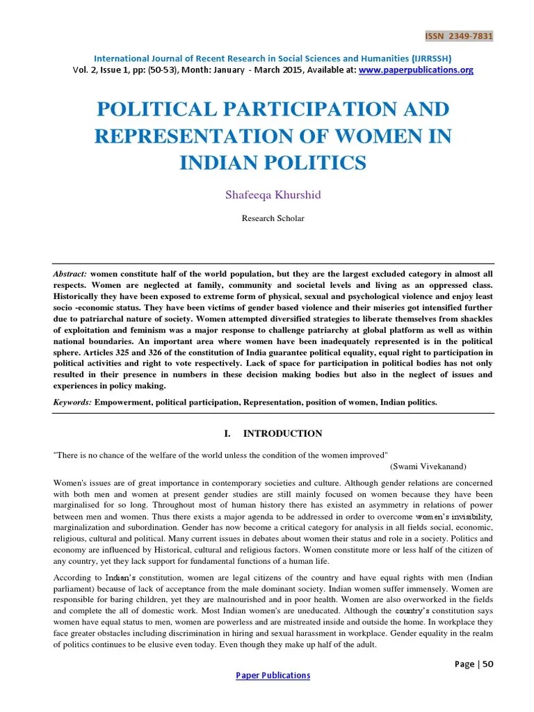 Political Participation And Representation Of Women In Indian Politics: An Analysis Of The ...