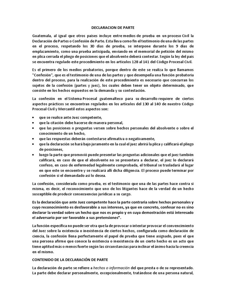 Declaracion De Parte O | PDF | Confesión (ley) | Evidencia (ley)