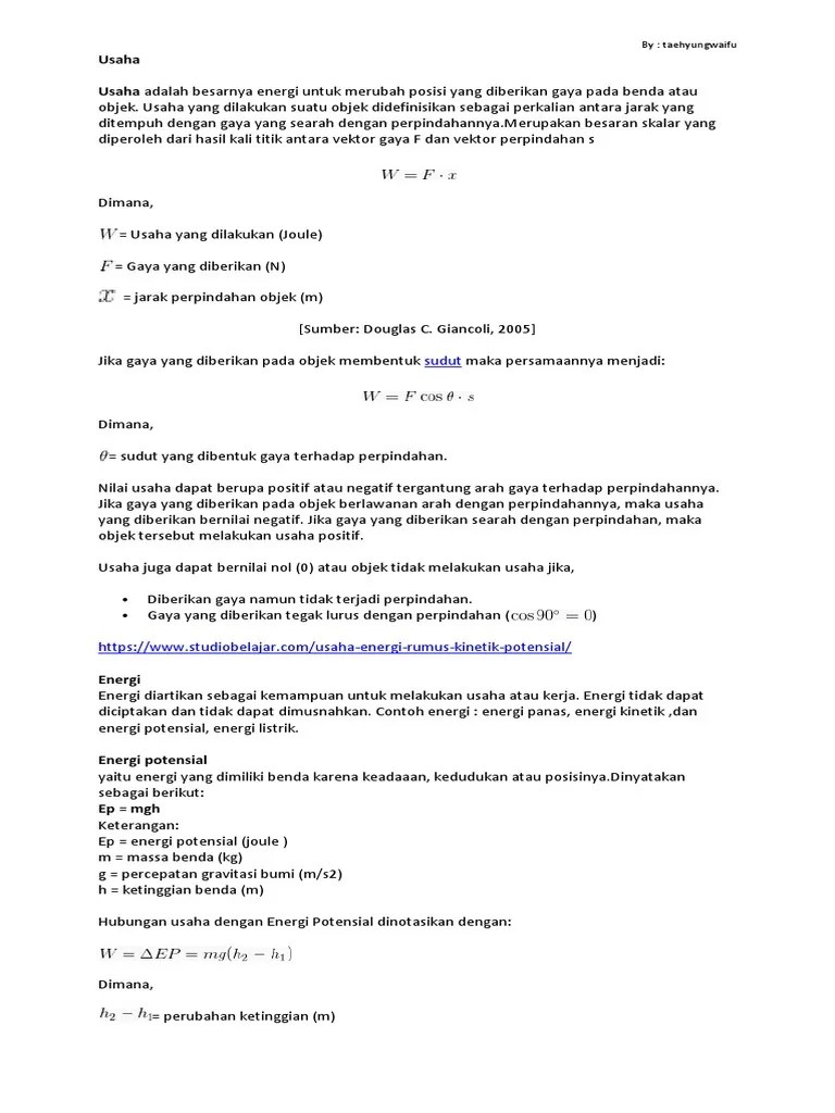 Besaran turunan adalah besaran yang diturunkan dari besaran pokok. Ringkasan Materi Usaha Energi Sma Kelas X Pdf
