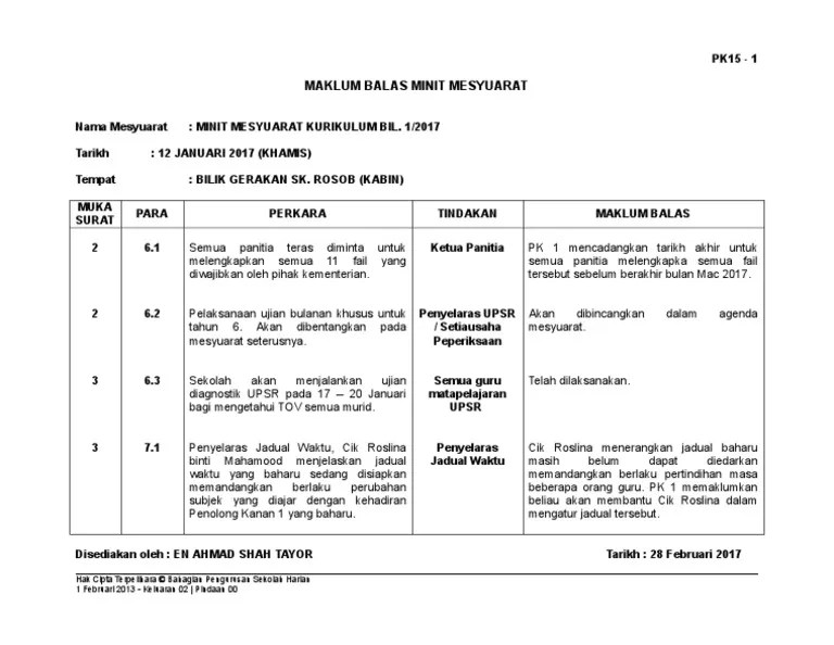 Format borang maklum balas minit mesyuarat. Contoh Maklum Balas Minit Mesyuarat