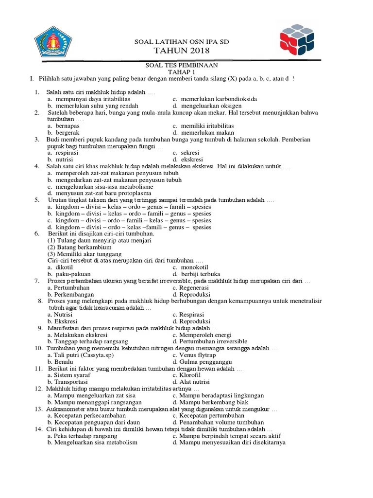 Contoh Soal Kunci Seleksi Osn Ipa Sd Kecamatan 2018 