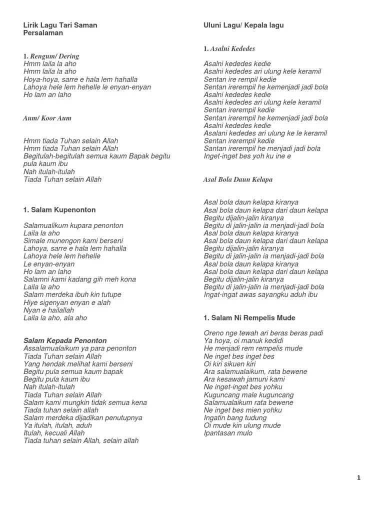 Lirik Lagu Tari Saman Aceh – Nasi