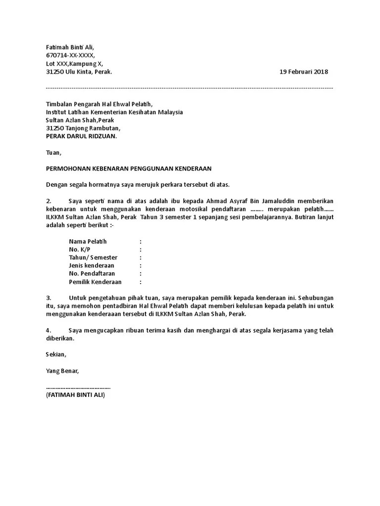 Contoh Surat Sokongan Ibubapa Pelatih Bagi Kebenaran Membawa Kenderaan Ke Kolej Dokterandalan