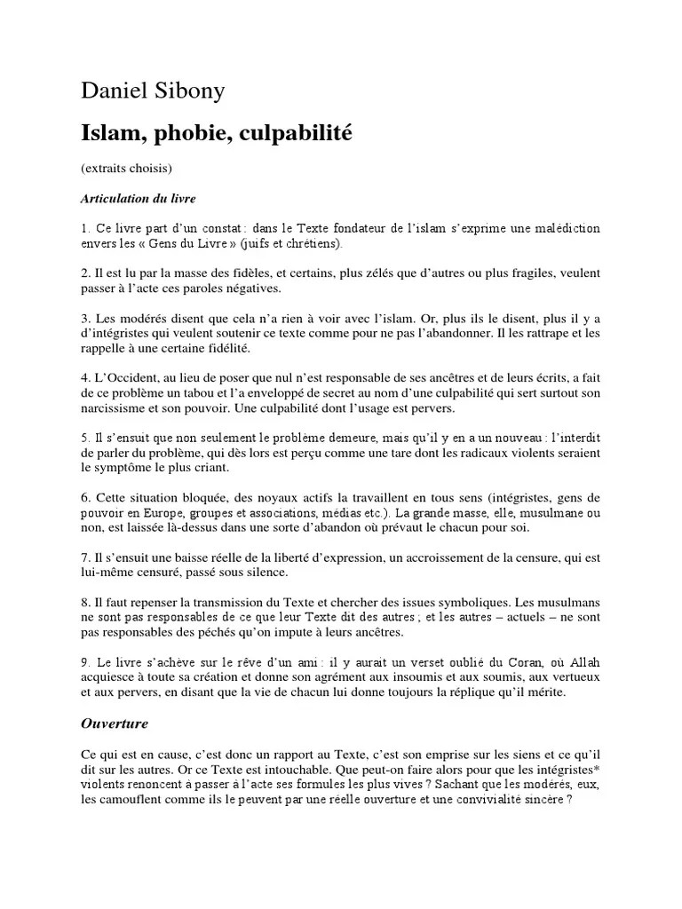 Daniel Sibony Compte Rendu Islam Phobie