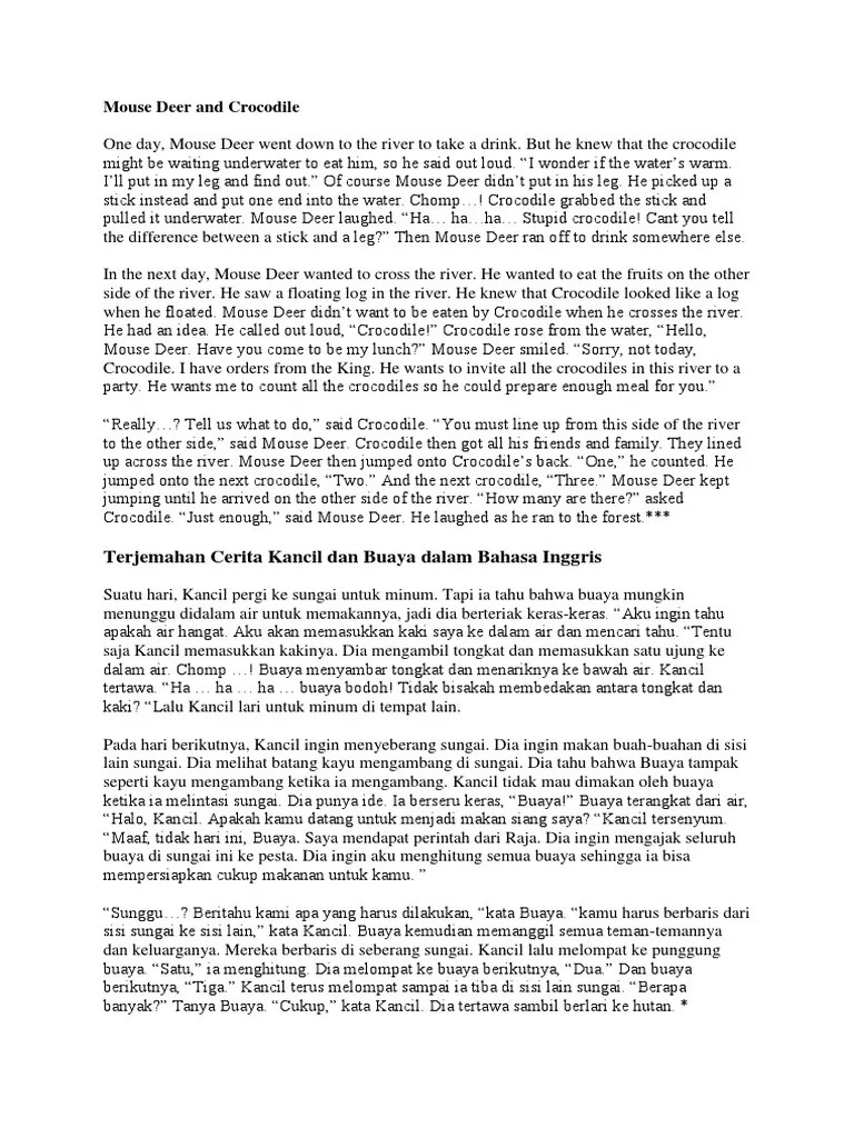 Periksa terjemahan 'seekor buaya' ke bahasa inggris. Teks Cerita Kancil Dan Buaya Dalam Bahasa Inggris Berbagai Teks Penting