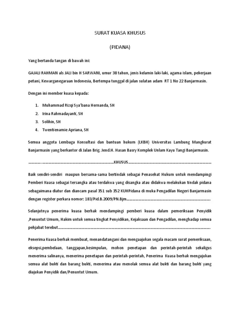 Contoh Surat Kuasa An Eksekusi Putusan 