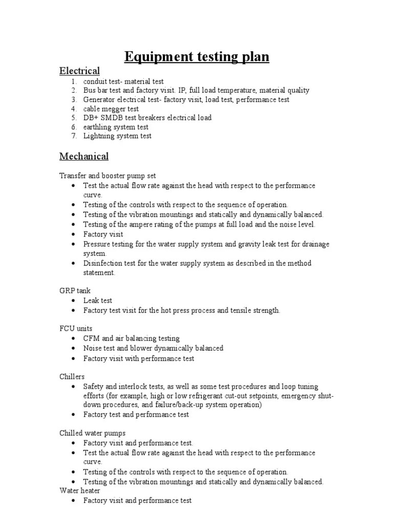 Equipment Testing Plan | PDF | Manufactured Goods | Mechanical Engineering