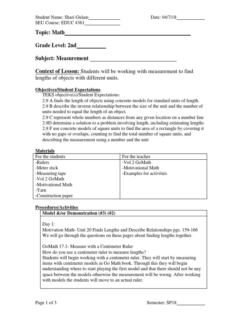 Measurement Math Lesson Plan April 9-13 | PDF | Measurement | Teaching ...