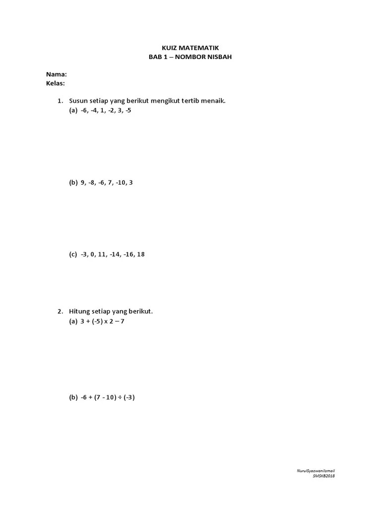 Kuiz matematik tingkatan 3 (20%) 1. Kuiz Matematik Bab 1 Nombor Nisbah Pdf