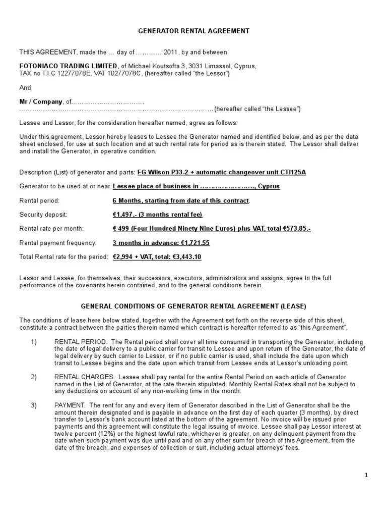 Generator Rental Agreement | PDF | Lease | Bankruptcy