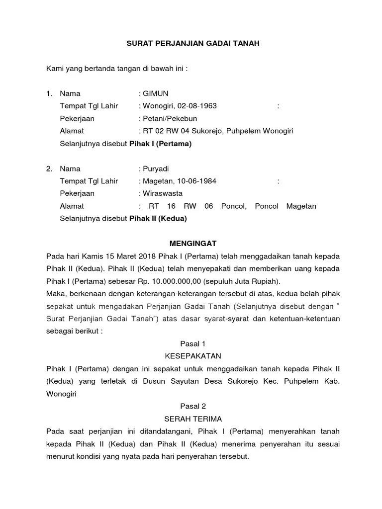 Untuk menerima penggadaian dari pihak pertama dengan. Surat Perjanjian Gadai Tanah Pdf