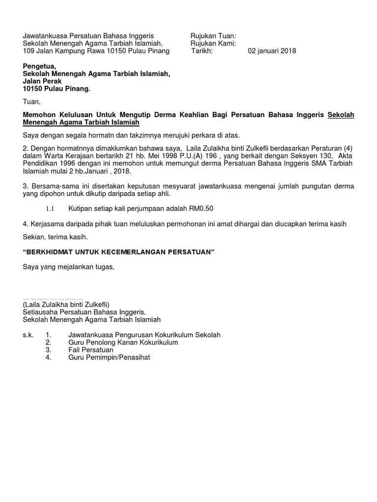 Contoh Surat Rasmi Pemulangan Yuran