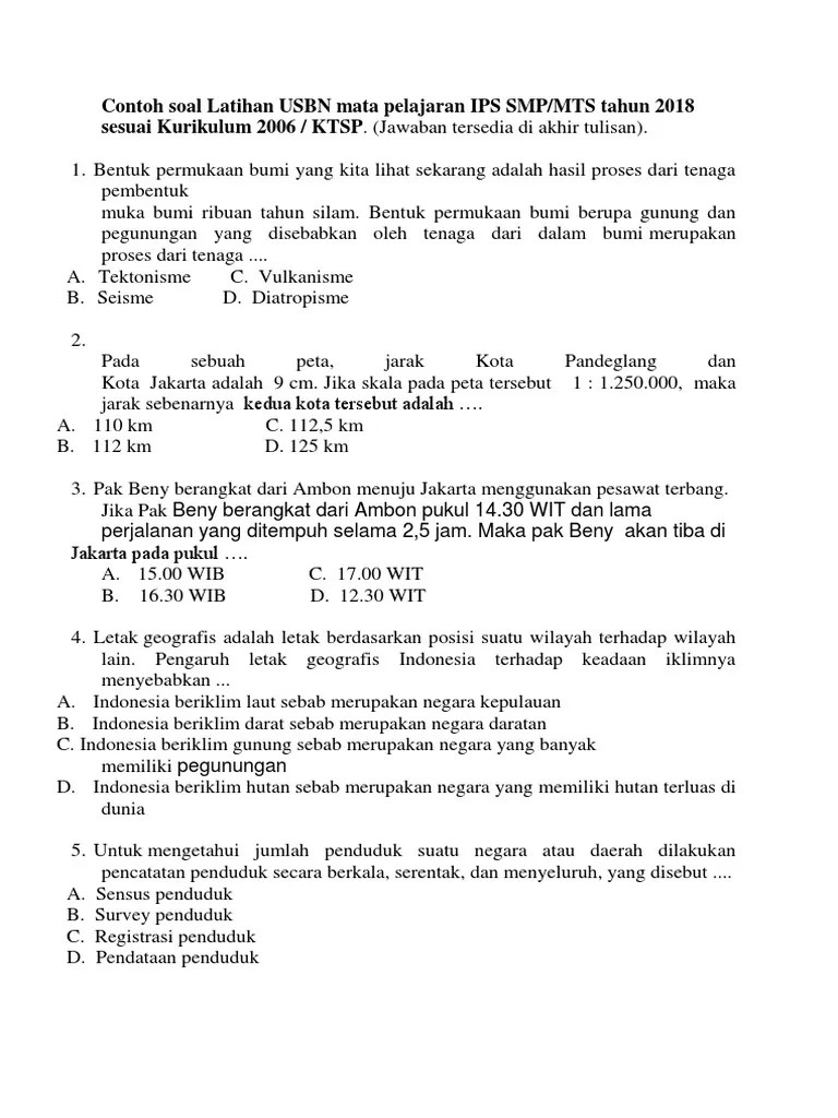 Kumpulan latihan soal ujian sekolah online smp/mts tahun pelajaran 2019/2020. Soal Dan Jawaban Ujian Usbn Ips Smp Ktsp Beinyu Com