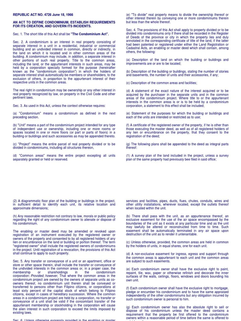 RA 4726 (Condo Act) | PDF | Condominium | Corporations