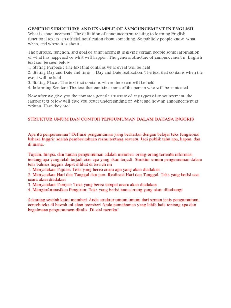Baca juga materi contoh announcement text singkat dan artinya. Generic Structure And Example Of Announcement In English Pdf Languages Language Arts Discipline