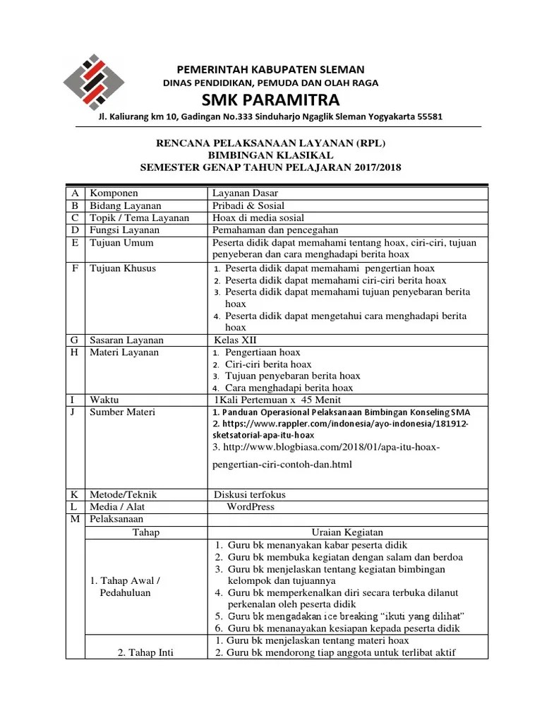 contoh laporan rpl bimbingan kelompok laporan akhir mata kuliah bimbingan kelompok. Rpl Bimbingan Kelompok Hoax Pdf