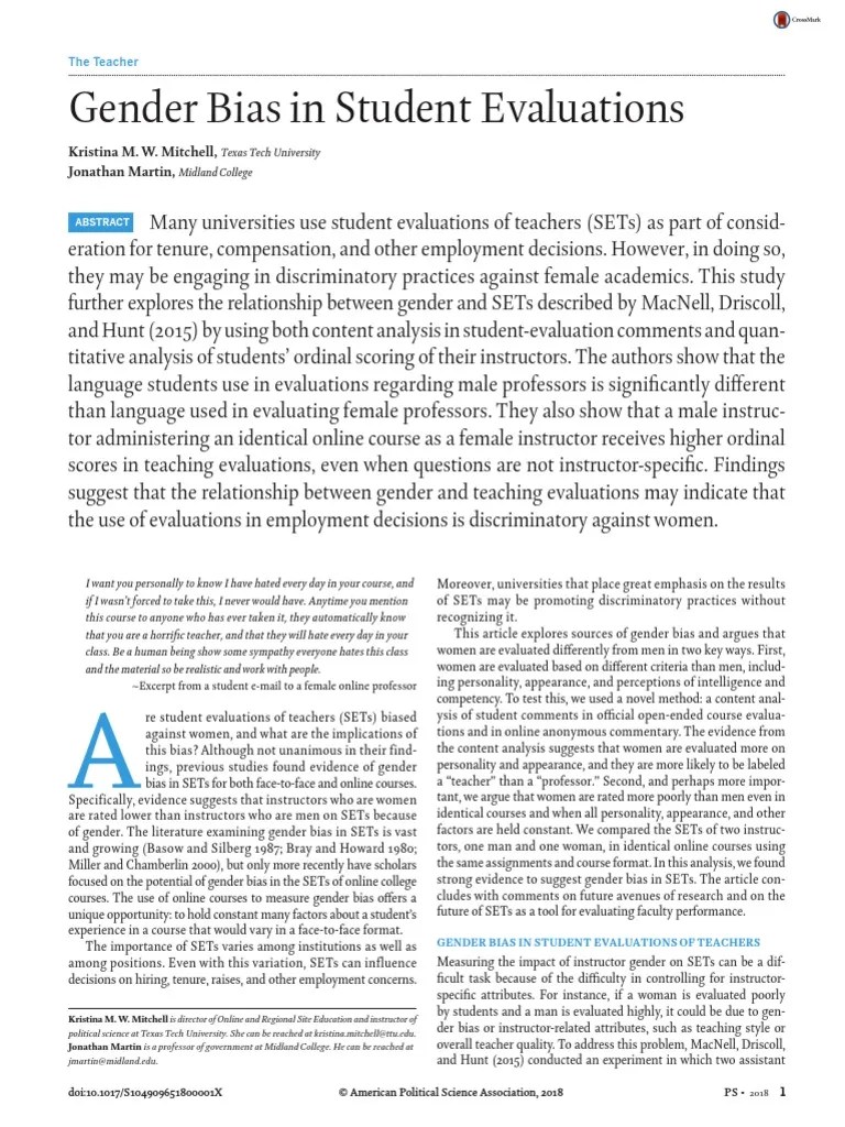 Gender Bias In Student Evaluations | PDF | Course Evaluation | Sexism