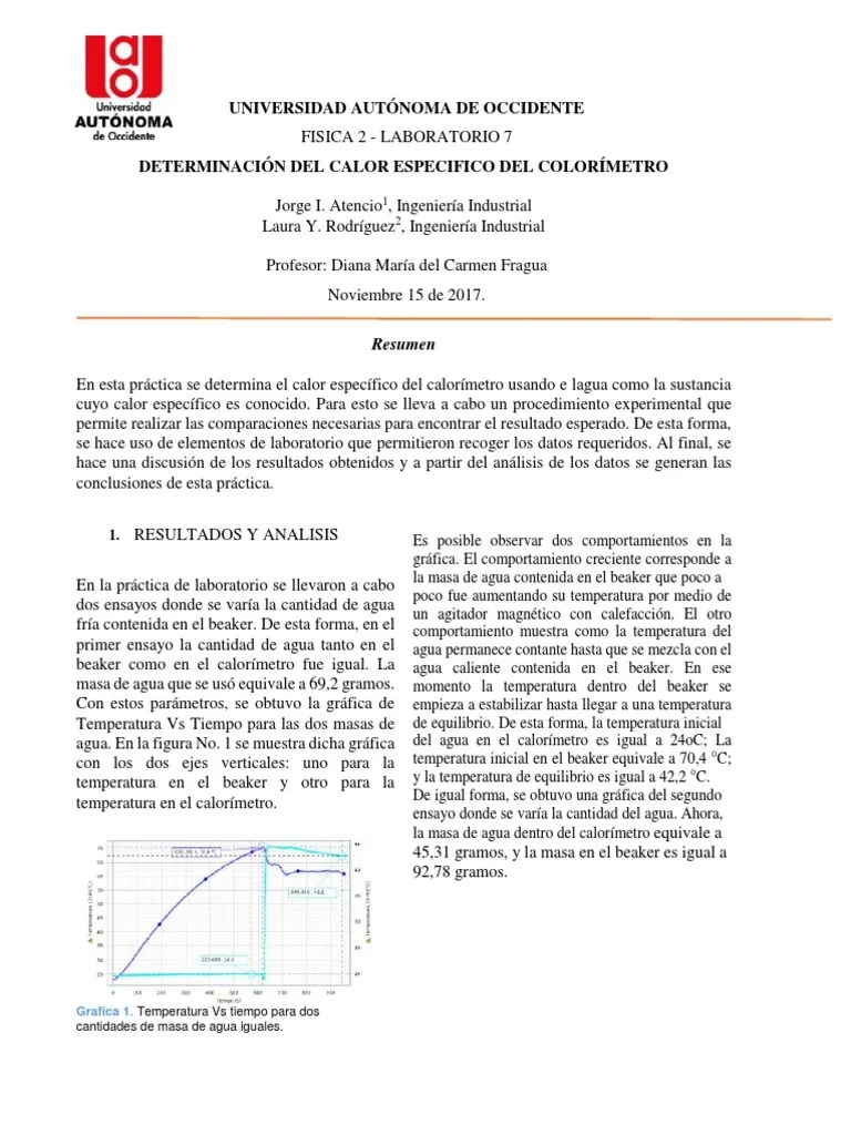 Lab. 7determinación Del Calor Especifico Del Colorímetro | PDF | Calor | Temperatura