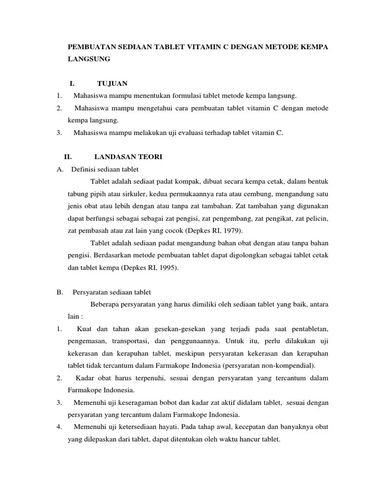 Pembuatan Sediaan Tablet Vitamin C Dengan Metode Kempa Langsung | PDF