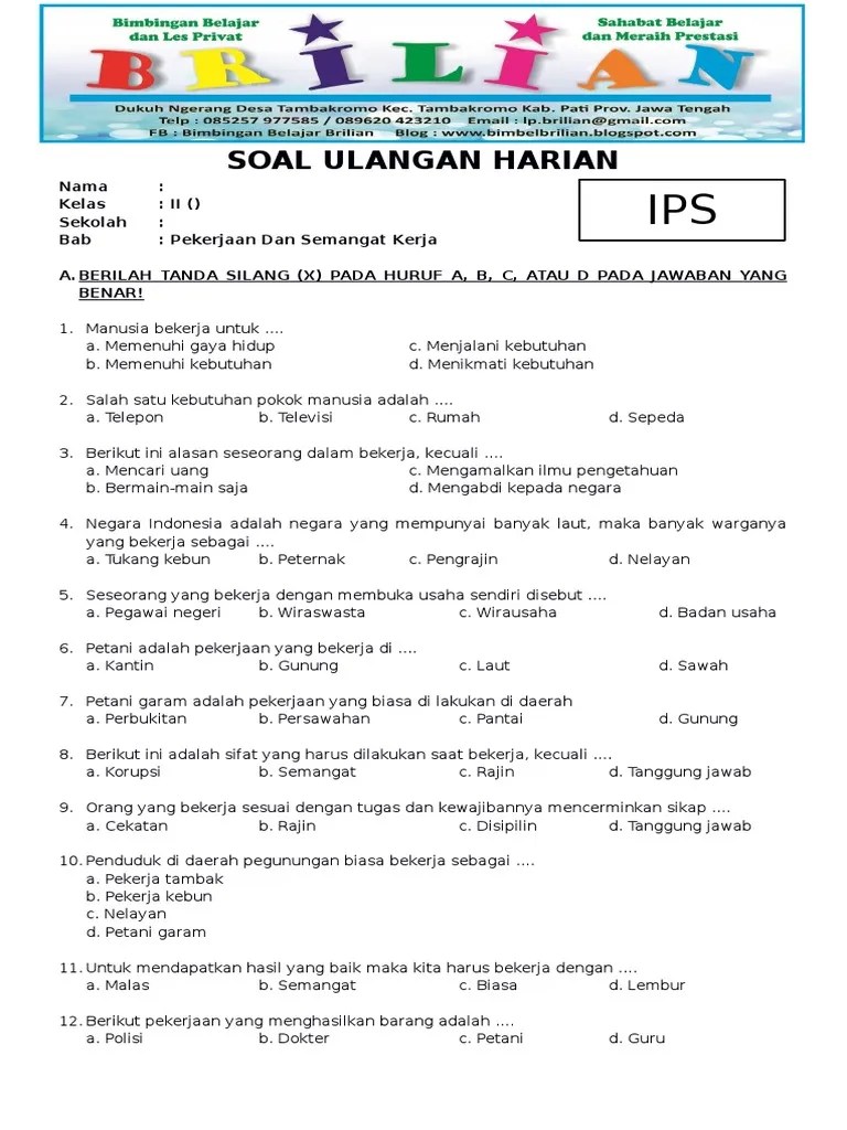 Soal uas budi pekerti kelas 3 sd semester 2 genap ulangan harian matematika kelas 3 sd materi keliling dan luas persegi dan persegi panjang. Soal Ips Kelas 3 Sd Bab Pekerjaan Dan Kunci Jawaban Pdf