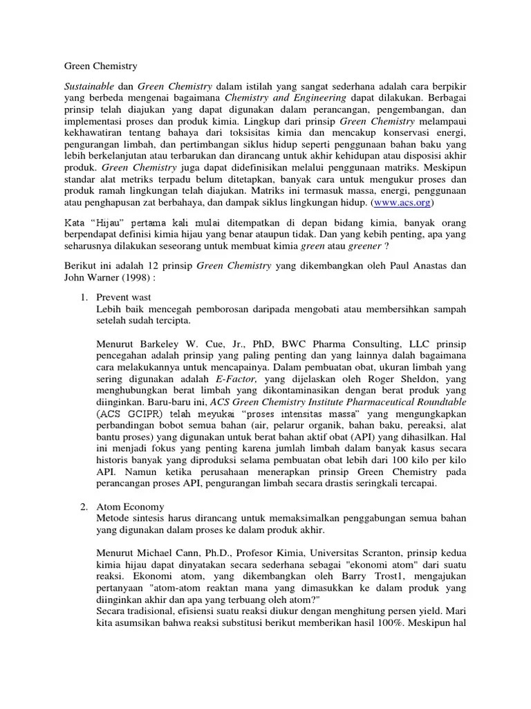 Sustainable Dan Green Chemistry Dalam Istilah Yang Sangat Sederhana Adalah Cara Berpikir | PDF