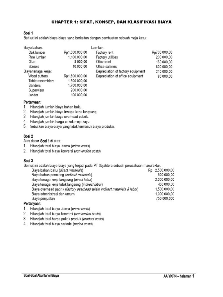 Contoh Soal Akuntansi Biaya Sifat, Konsep, Dan Klasifikasi Biaya | PDF