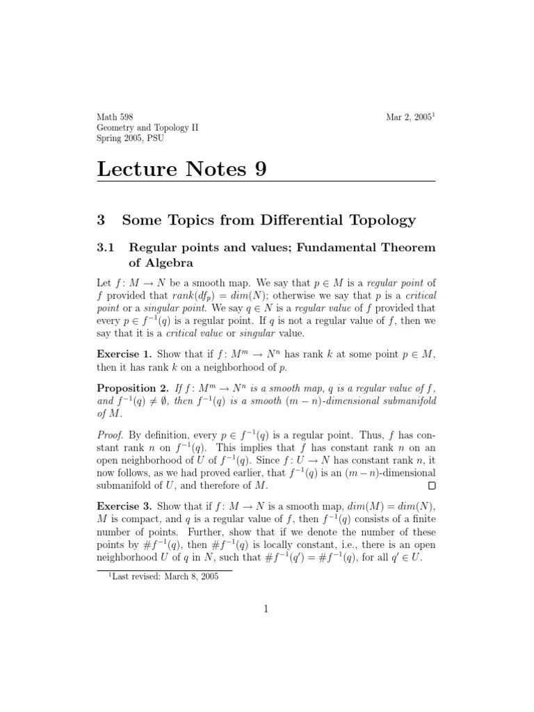 Lecture Notes 9: 3 Some Topics From Differential Topology | PDF ...