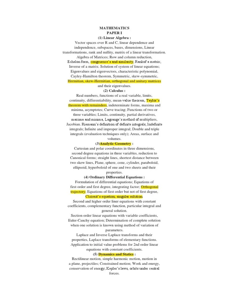 Mathematics Paper I (1) Linear Algebra | PDF | Equations | Integral