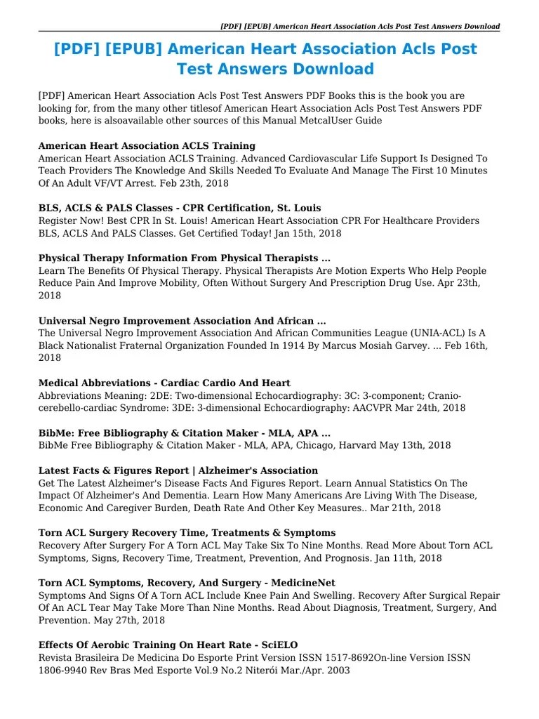 Acls test questions and answers 2017 pdf joomlaxe com. American Heart Association Acls Post Test Answers Cardiovascular Diseases Heart