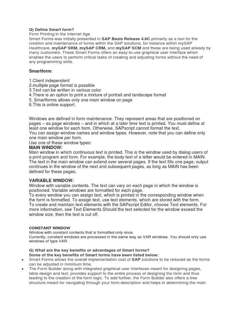 SAP ABAP Questions - Smartforms - Part 1 | PDF | Parameter (Computer ...