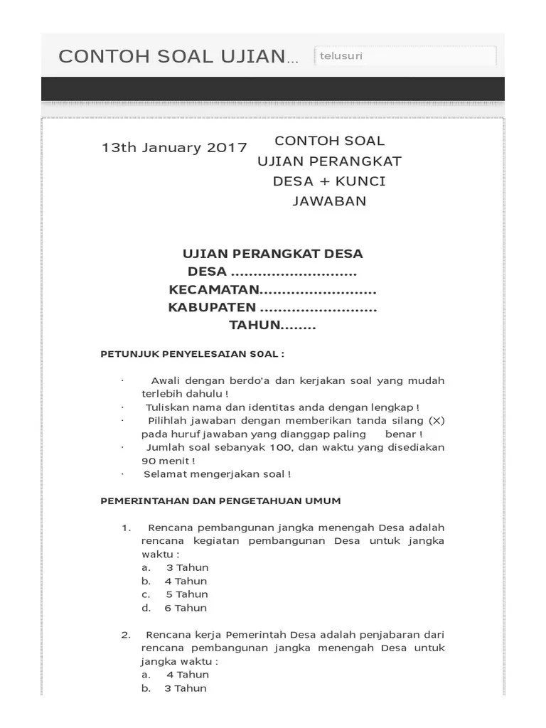 Seperti yang kita ketahui, bahwa perangkat desa merupakan salah satu organ pemerintah desa, tentu saja selain kepala desa. Contoh Soal Tes Calon Kades Dan Kunci Jawaban - Beres Soal