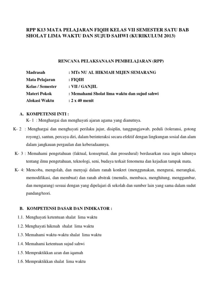 RPP k13 Mata Pelajaran Fiqih Kelas Vii Semester Satu Bab Sholat Lima Waktu  Dan Sujud Sahwi | PDF