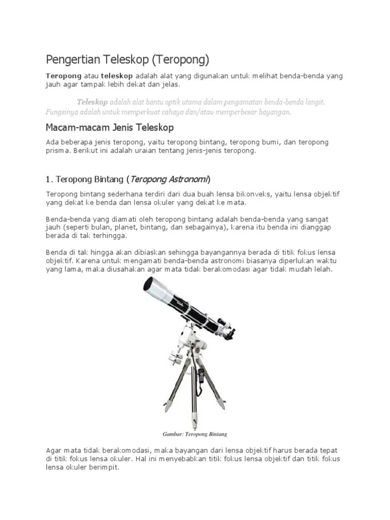 Jarak fokus lensa okuler 5 cm dan jarak fokus lensa objektif 40 cm. Pengertian Teleskop Pdf