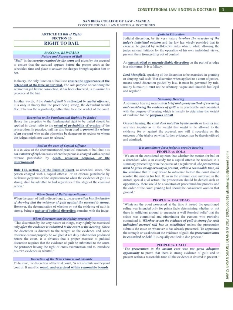 Right To Bail: Constitutional Law Ii Notes & Doctrines | PDF | Bail | Extradition