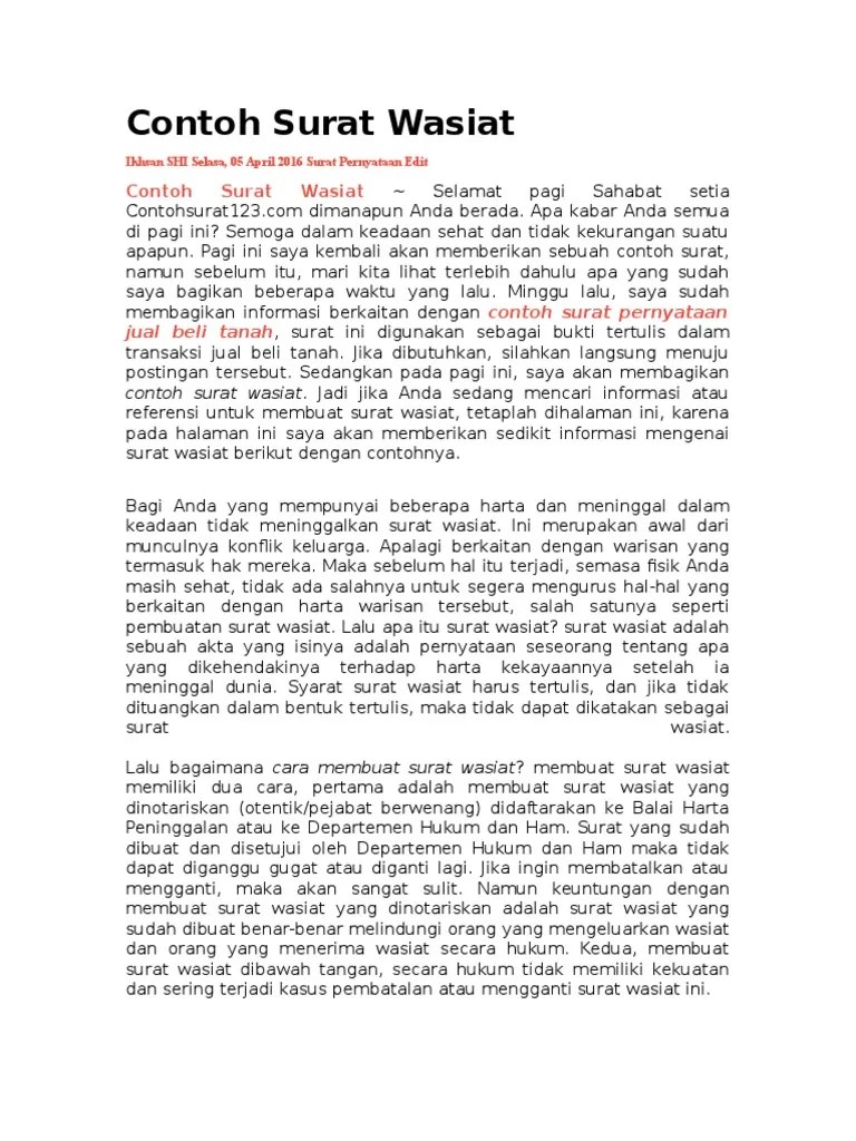Contoh Surat Wasiat Sebelum Meninggal Pembagiannya Ajaib 