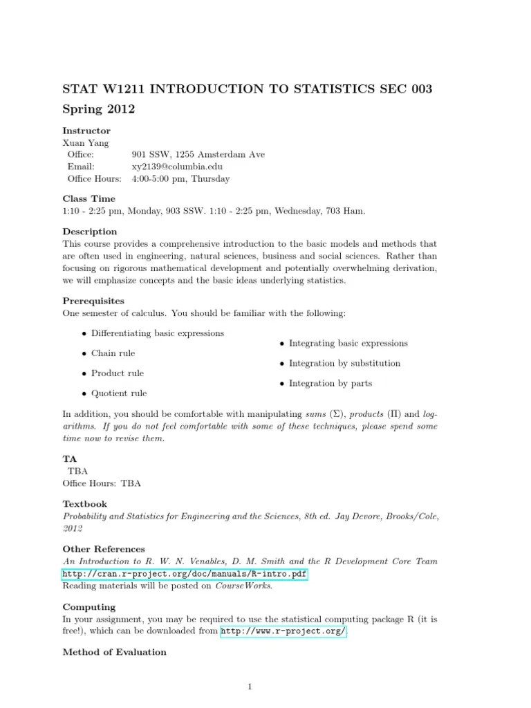 Stat W1211 Introduction To Statistics Sec 003 Spring 2012 | PDF ...