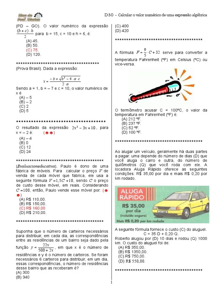 D30Calcular O Valor Numérico De Uma Expressão Algébrica | PDF | Fahrenheit | Celsius
