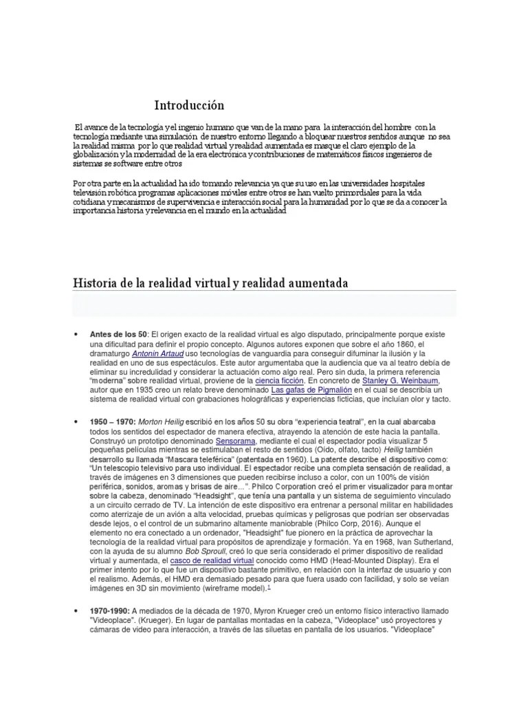 Historia De La Realidad Virtual 1 | PDF | Realidad Virtual | Realidad Aumentada